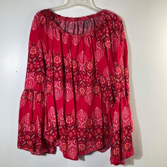 New Directions Off Shoulder Floral Boho Tunic Bell Sleeve L Rayon - Picture 1 of 9